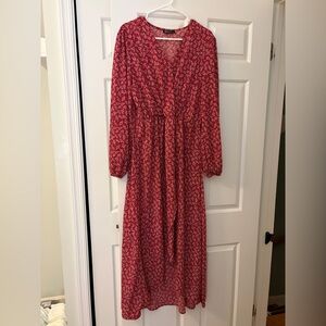 Women's Red Floral Tie-Waist Maxi Dress